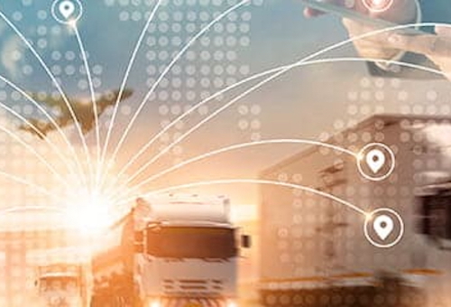 A collage showing a cargo truck, airplane, and shipping container with digital map icons and connecting lines, representing global logistics and transportation networks.